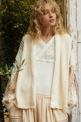 Open Front Waffle Knit Fleece Mix Cardigan POL