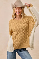 Cable Knit With Hacci Combo Sweater With Uneven Hem Detail BiBi