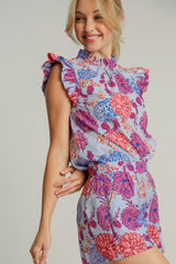 Floral Print Ruffled Cap Sleeve Blouse Umgee