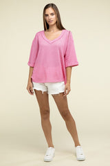 Brushed Waffle Relaxed 3/4 Sleeve Top ZENANA