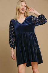 Dotted Lace Sleeve Tiered Velvet Mini Dress Umgee Navy S