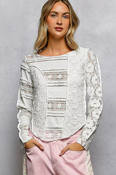 Round Neck Long Sleeve Exposed Seam Top with Lace Detail POL OFF WHITE S