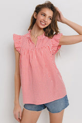 Plaid Notched Ruffled Cap Sleeve Blouse Ces Femme