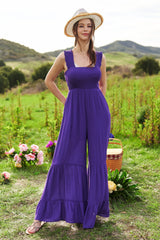 Smocked Bodice Strap Ruffle Tie Belt Jumpsuit Davi & Dani PURPLE S