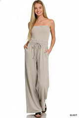 Acid Washed Strapless Tube Top Jumpsuit ZENANA