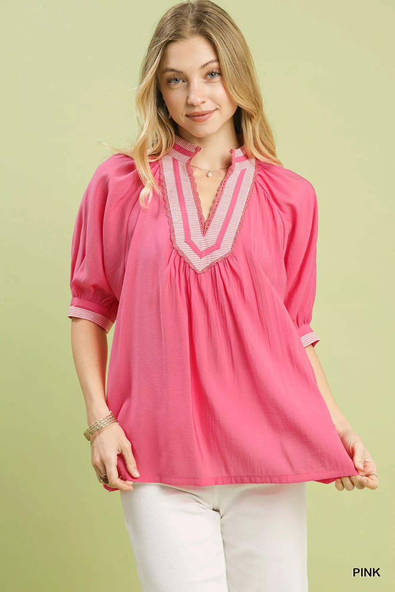 Solid Contrast Trim Pleated Top Umgee PINK S