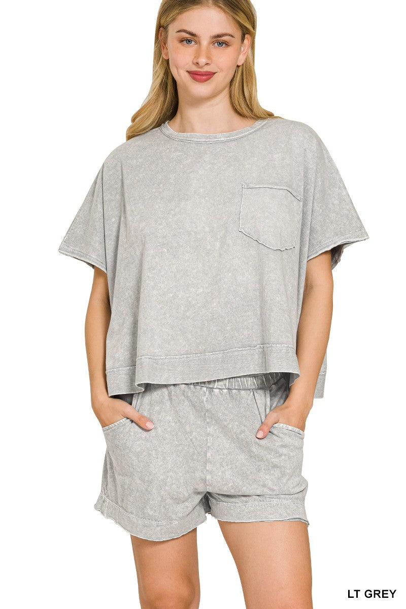 Zenana Halo Snow Washed Boxy Top & Shorts Set Trendsi LT GREY S