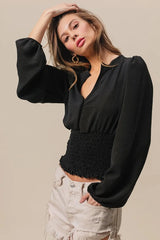 Smocking Waist Band and Puff Sleeves Deep V Neck Top BiBi BLACK S