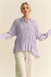 Ruched All Over Button Front Shirt Davi & Dani LILAC S