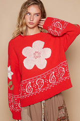 Flower Lace Patch Long Sleeve Sweater POL