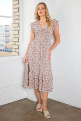 Flower Print Ruffle Cap Sleeve V-neck Midi Dress Mittoshop