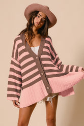 Slit Striped V-Neck Button Up Cardigan BiBi Blush Pink S