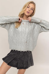 Distressed Cable-Knit Round Neck Long Sleeve Sweater HYFVE Silver S