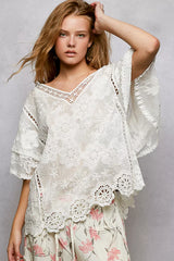 Floral Crochet V-Neck Short Sleeve Blouse with Scalloped Hem POL