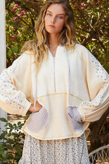 Half Zip Up Fleece Mix Back Star Patch Hoodie POL Cream S