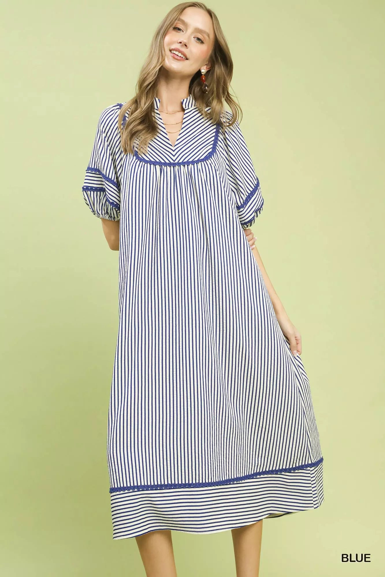 Striped Puff Sleeve Midi Dress Umgee BLUE S