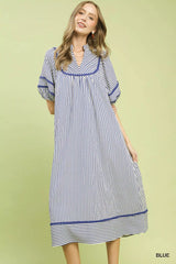 Striped Puff Sleeve Midi Dress Umgee BLUE S