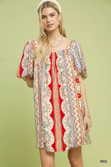 Mixed Print Puff Sleeve Mini Dress Umgee RED S