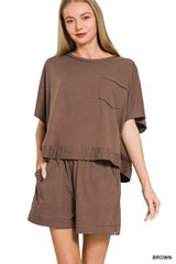 Exposed Seam Boxy Top & Shorts Set ZENANA BROWN S