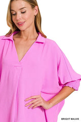 Airflow Collar Tee with Smocked Sleeve Band Top ZENANA