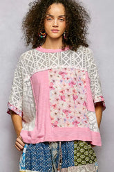 Floral Patchwork Lace Accent Blouse POL CANDY PINK S