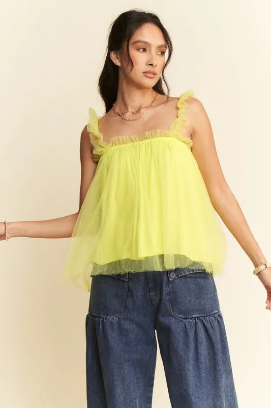 Shirred Ruffle Strap Tulle Babydoll Top Davi & Dani Lemon S