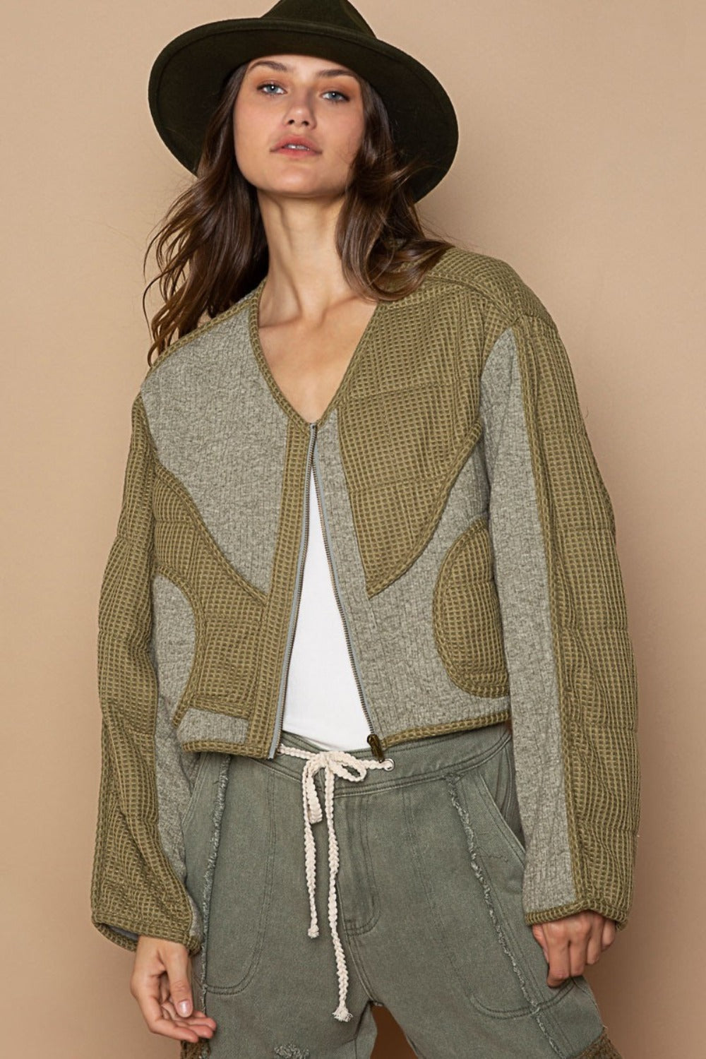 Quilted Knit Viding Detail Knit Patch Jacket POL Olive S