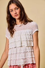 Ruffle Tiered Stretch Lace Short Sleeves Knit Top So Me