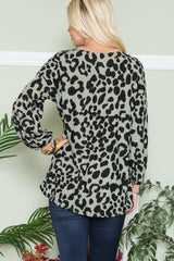Leopard V-Neck Long Sleeve Blouse Celeste
