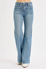 Retro High Rise Wide Flare Patch Pocket Jeans Plus Size Risen