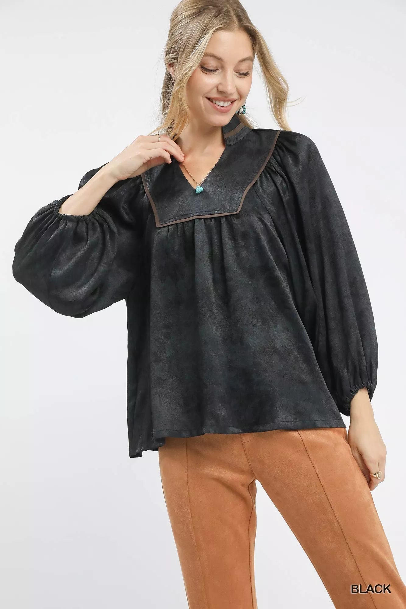 Crinkle Brocade Long Sleeve Blouse Umgee Black S