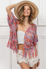 Open Front Fringed Crop Knit Cardigan BiBi Burnt Orange Multi S