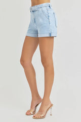 High Rise Belted Roll Up Shorts With Plus Size Risen