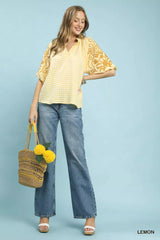 Umgee Gingham Embroidered Balloon Sleeve Top Trendsi