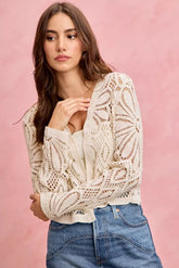 Crochet Knit Long Sleeves Cardigan Sweater So Me NATURAL SM