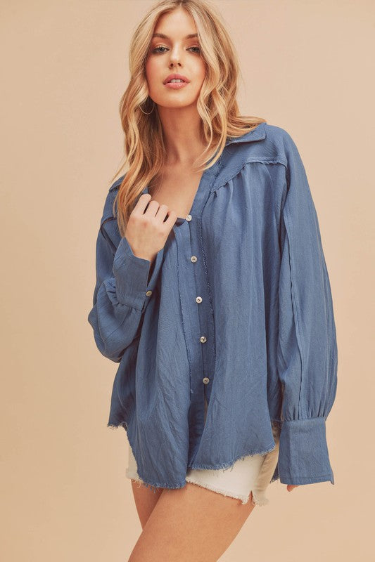 Raw Hem Button Down Raglan Sleeve Shirt Aemi + Co Dusty Blue S