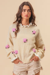 Ruffled Crochet Flower Dropped Shoulder Sweater BiBi Cream S