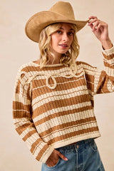 Striped Open Knit Sweater Top with Front Braided Detail BiBi