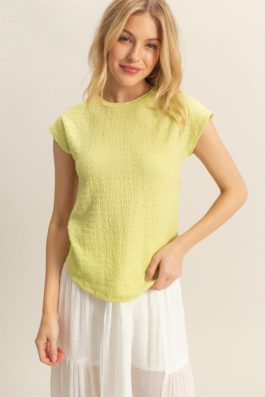Textured Round Neck Cap Sleeve Knit Top HYFVE Neon Yellow S