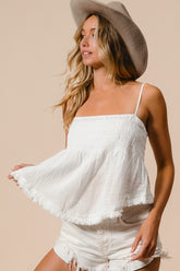 Boho Fringed Hem Smocked Cami Top BiBi Off White S