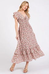 Flower Print Ruffle Cap Sleeve V-neck Midi Dress Mittoshop MAUVE S
