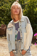 Raw Hem Crochet Embroidery Shacket with Chest Pockets POL