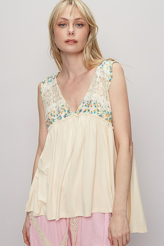 Lace Detail Frill Floral V-Neck Sleeveless Top POL Cream S