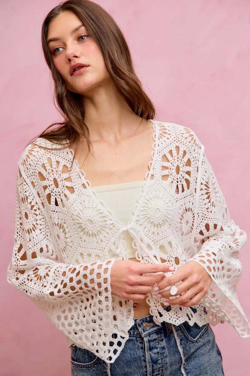 Floral Pattern Crochet Knit Tie Front Crop Cardigan So Me OFF WHITE SM
