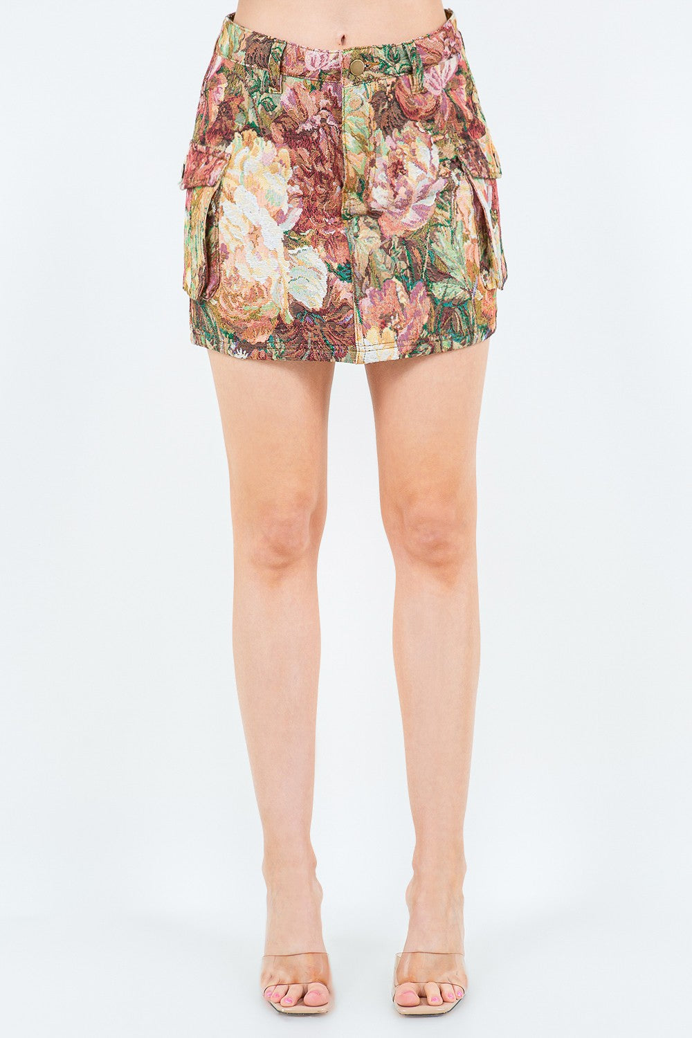 Jacquard Weave Floral Cargo Pocket Skirt American Bazi Multi S