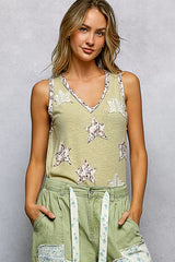 Floral Print Star Patch V-Neck Ribbed Tank POL