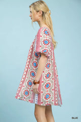 Mixed Print Puff Sleeve Mini Dress Umgee