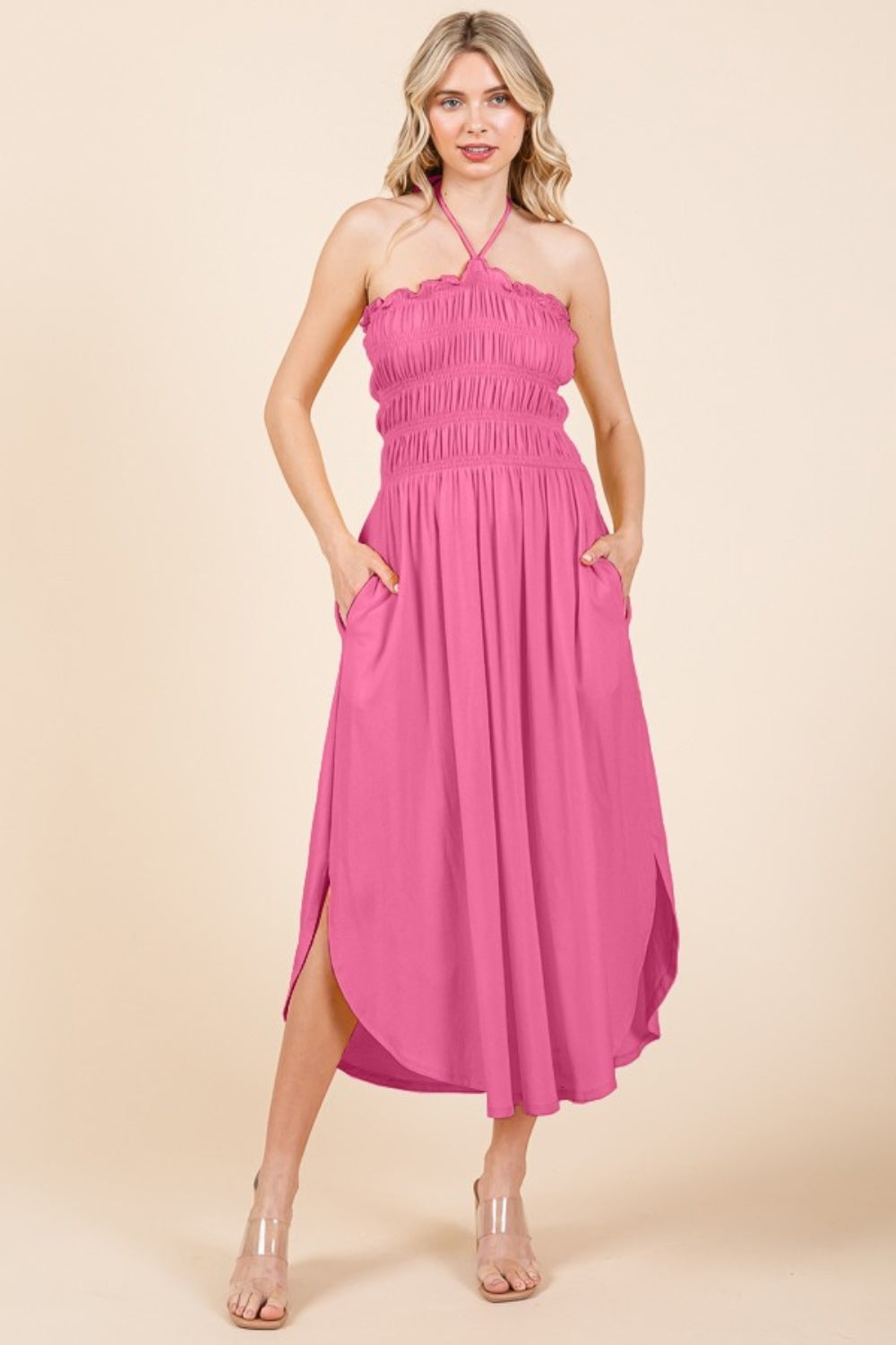Tie Back Shirring Halter Midi Dress with Pockets Culture Code Flamingo Pink S