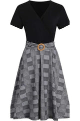 Criss-Cross V Neck Houndstooth Fit and Flare Tea Dress SALE