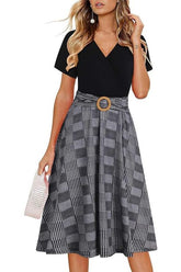 Criss-Cross V Neck Houndstooth Fit and Flare Tea Dress SALE